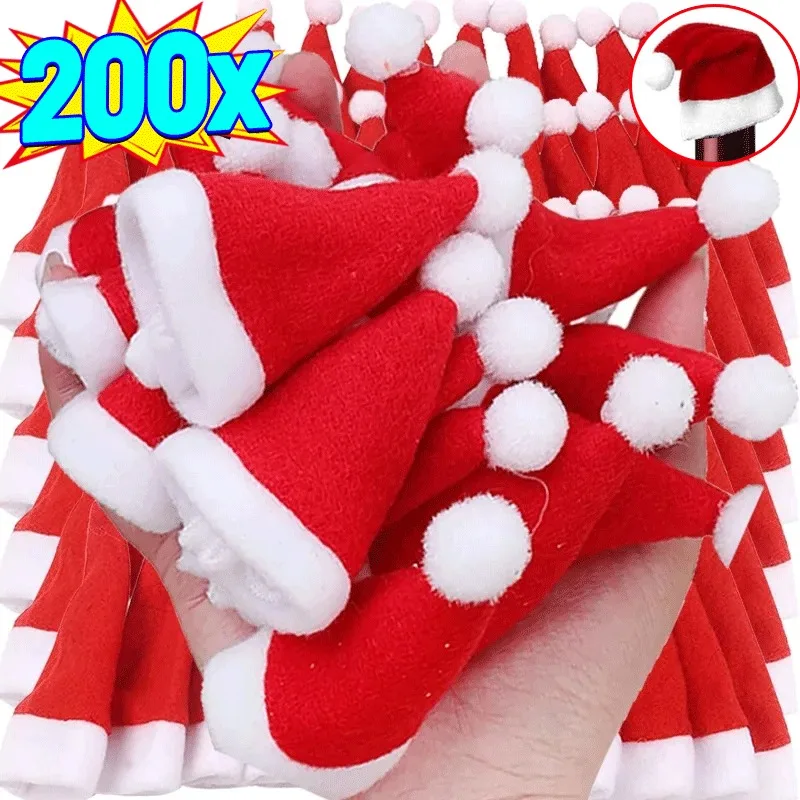 200/2pcs Mini Santa Hat Velvet Wine Bottle Coves Lollipop Caps Christmas Tableware Holder Bag Hats Xmas Party Dinner Table Decor