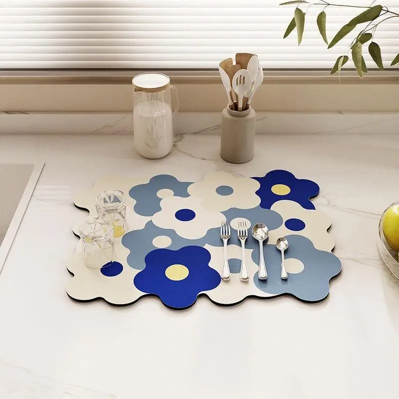 Quick Dry Dish Drying Mat Flower Rubber Tableware Draining Pads Rug Kitchen Dinnerware Placemat Coffee Pad Outdoor Tableware