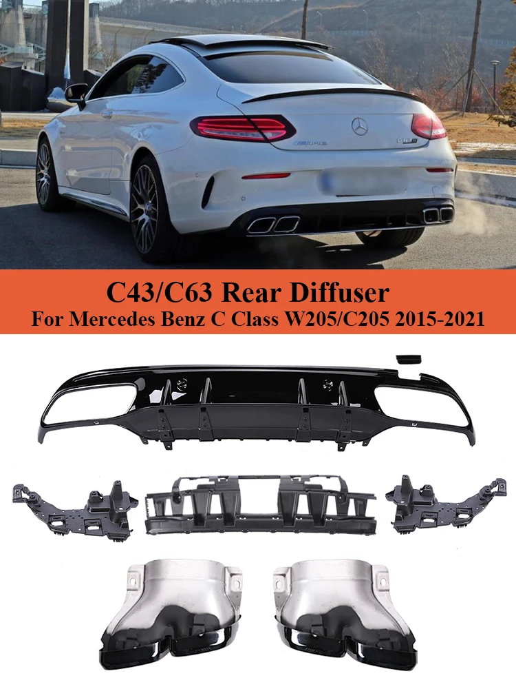 Rear Diffuser With Exhaust Pipes C63 C43 Style AMG Look For Mercedes Benz C Class W205 C205 S205 A205 Sedan Coupe 2015-2021