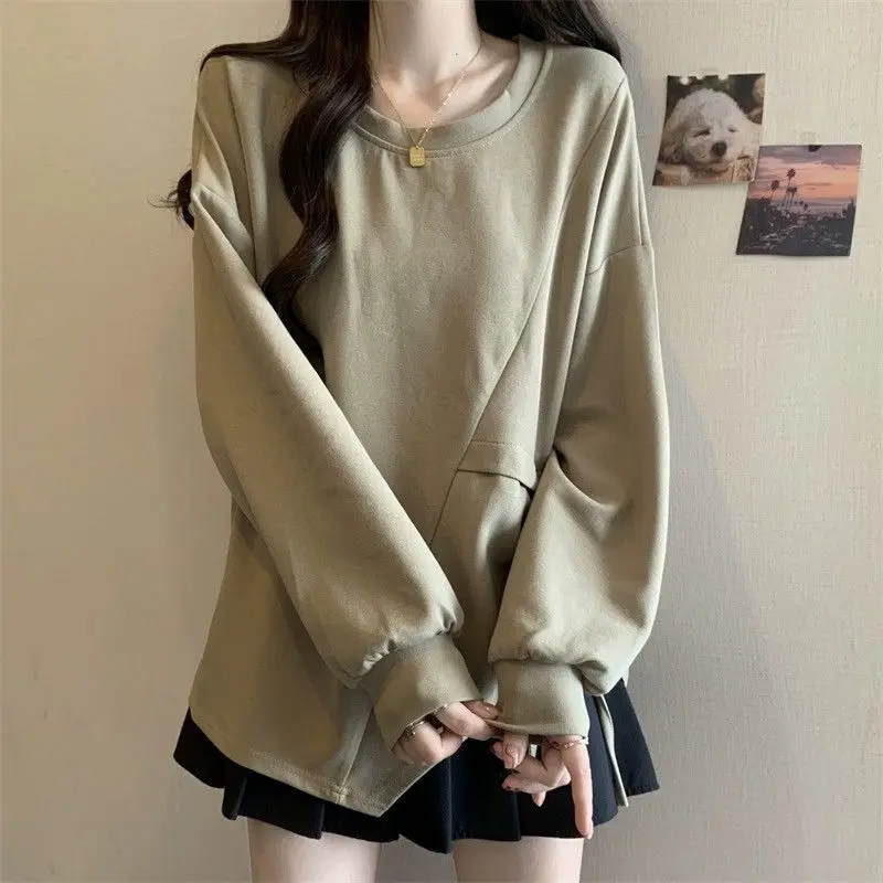 Large Size Fashionable Round Neck Irregular Drawstring Hoodie for Women Chubby Mm Korean Style Versatile Loose and Slimming Top