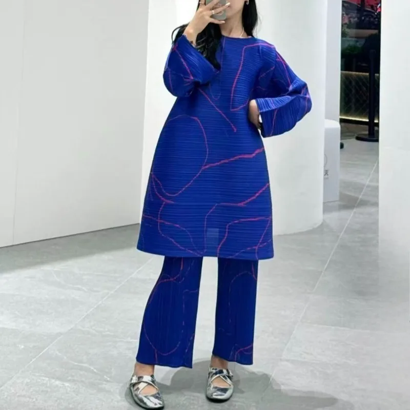 Miyake Pleated Women's Tops Long Spring Dresses Fall Limited Simple Loose Straight Pants Set Fashion Commuter Wear Woman Clothes