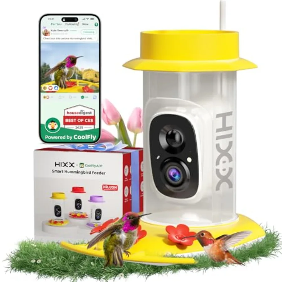 

Солнечная кормушка для колибри с камерой, защитой от муравьев и пчел, идентификатором птиц с ИИ и HD-камерой ночного видения с функцией автоматической записи