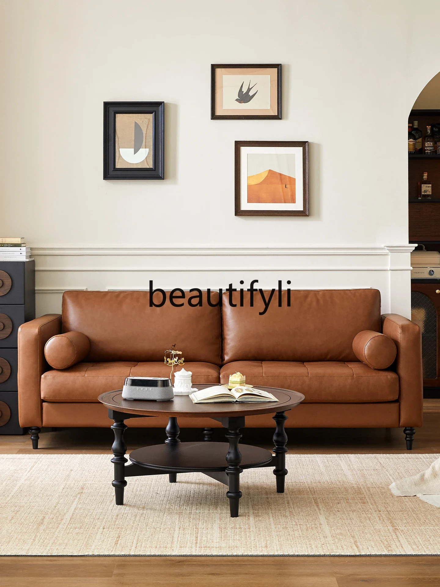 

French retro leather sofa new living room home multi-person straight row sofa furniture