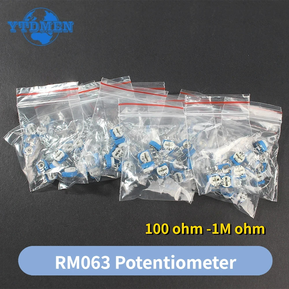 

65PCS RM063 Potentiometer Vertical Adjustable Resistor Kit 100 Ohm -1M Ohm 13 Kinds * 5 PCS=65PCS Trimmer Potentiometers