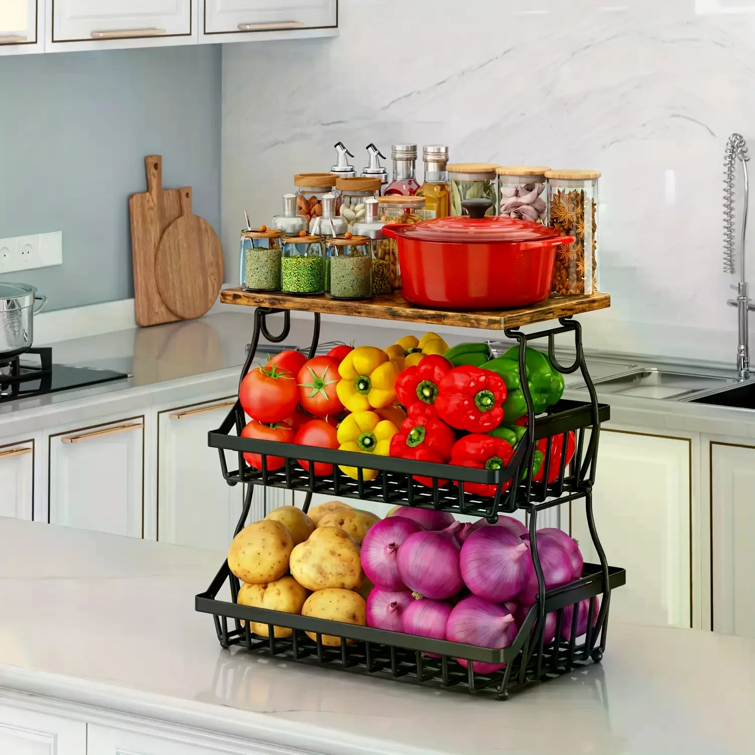 3 Tier Fruit And Vegetable Basket, Fruit And Vegetable Storage Cart, Wire Storage Basket For Onions And Potatoes, Fruit Bowl, Black Organiser Racks