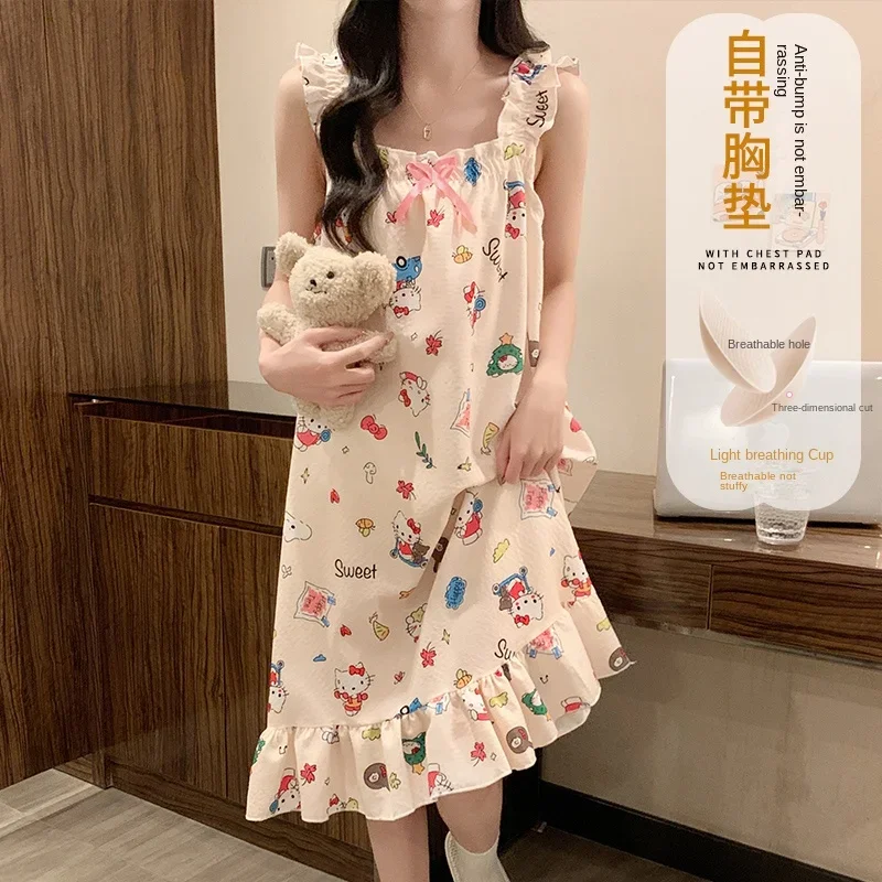 Sanrio New Hello Kitty Sleeveless Strap Pajamas with Chest Pad Women\'s Loose Western Style Sweet Cute Cartoon Homewear Dress