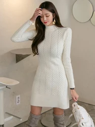 Autumn Winter Knitted Women Dress Sweater Solid Screw Thread Long Sleeve Skinny Mini Inner-Match Stretchy Street Mujer Vestidos