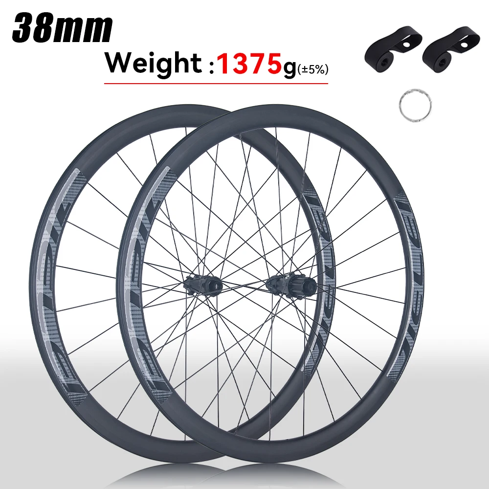 700C 60T Ratchet 1375g Carbon Road Wheelset 38mm Deep 21mm Hidden Nipples Disc Brake Center Lock Tubeless 12x100 12x142 JIELEI