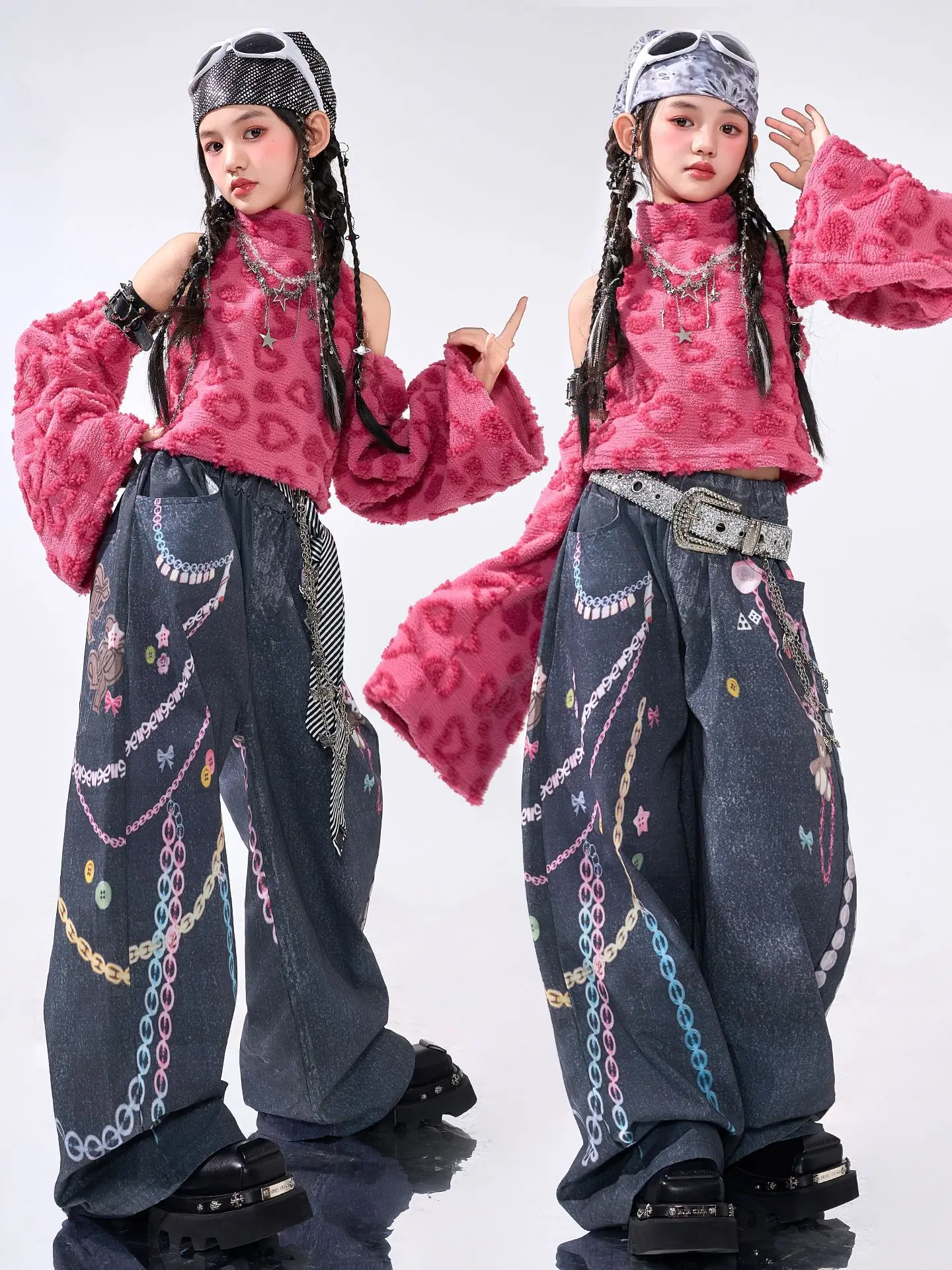 طفل Kpop الهيب هوب الملابس الوردي الصوف وهمية الرقبة المحاصيل تانك رمادي عادية طباعة فضفاض الجينز السراويل للفتيات أزياء رقص الملابس