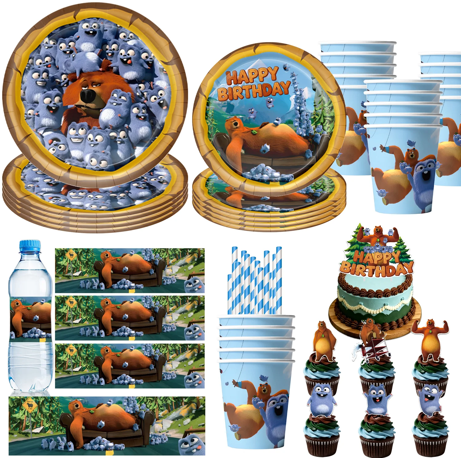 Ensemble de vaisselle et de décoration pour fête d'anniversaire GRIZZY&THE LEMMINGS, nappe, gobelets, ballons, gâteau, fournitures pour fête de bébé, fête d'enfants
