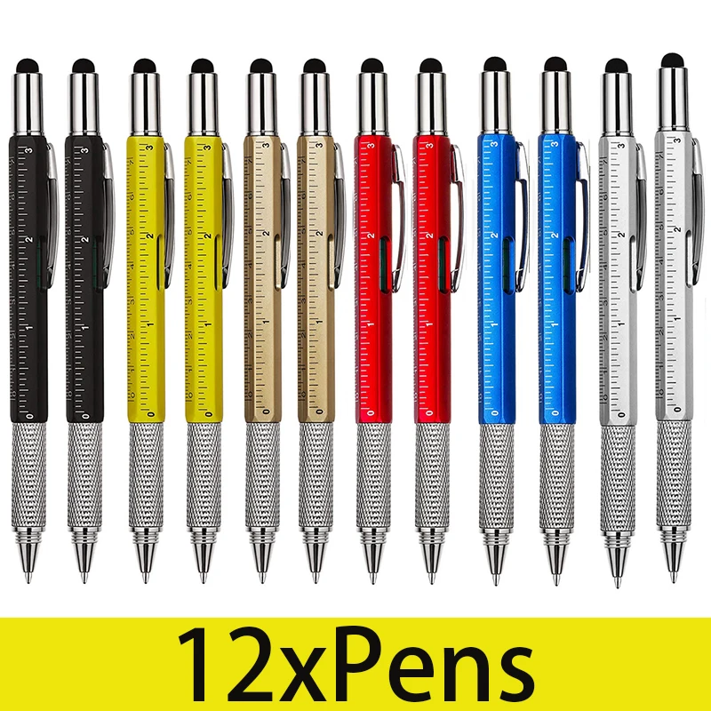 

12Pcs 6 in-1 Multitool Tech Tool Screwdriver Pen with Ruler, Levelgauge, Ballpoint Pen, and Pen Refills,Pen Gifts for Men