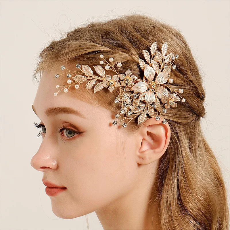 Neueste Gold handgemachte Perle Blume Haarkamm schöne Strass Haarspange Braut Kopfschmuck Hochzeit Zubehör – Detail 17