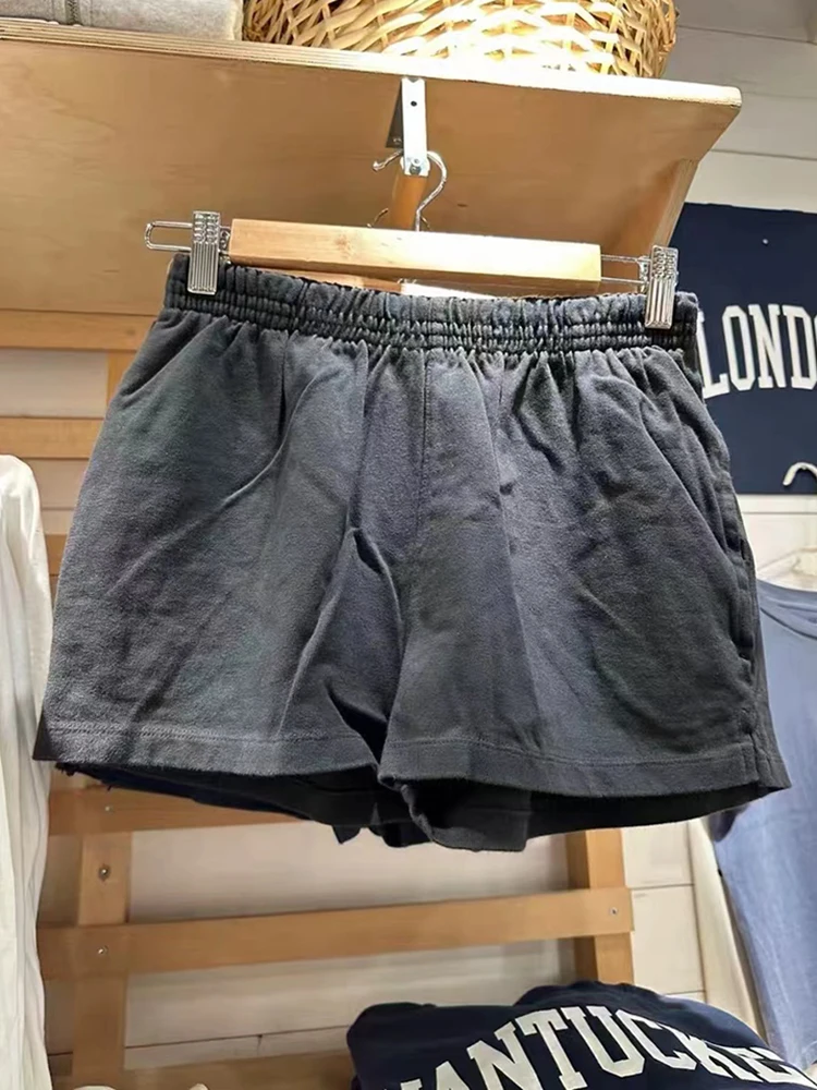 กางเกงสเวตเตอร์ขาสั้นตรงเอวสูงสำหรับผู้หญิงผ้าคอตตอนยืดทรงหลวมสไตล์สตรีทแวร์สีล้วนแบบลำลองสำหรับ Y2k