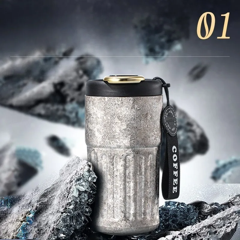 Modern Minimalist Pure Titanium Coffee Cup with Smart Temperature Display Insulated Cup Portable with Carrying Strap 420ML