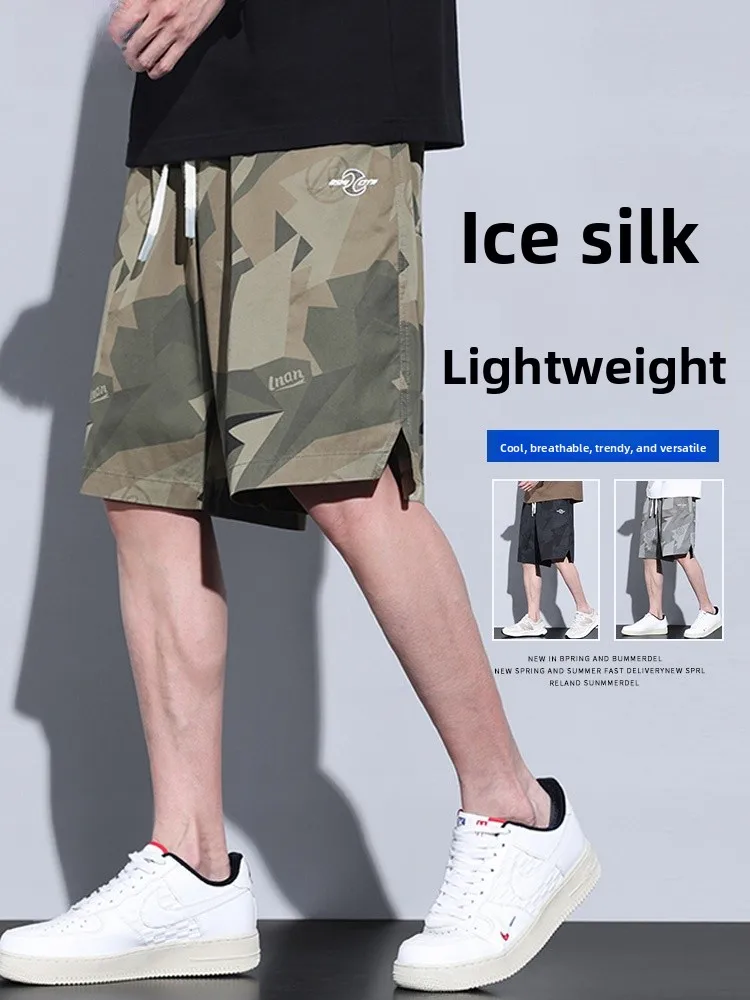 

Мужские летние тонкие свободные брюки-капри из камуфляжной ткани для работы и баскетбола, быстросохнущие, из ледяного шелка, дышащие, легкие