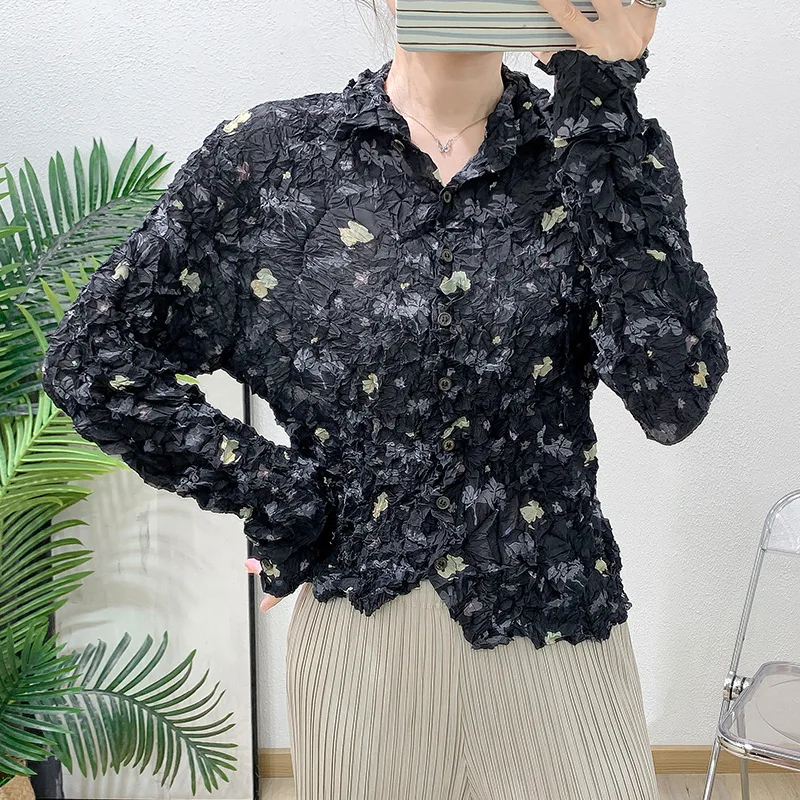 YFPF Retro Unregelmäßige Gefaltete Design Frauen Hemd Mode Druck Taste Langarm Sonnencreme Bluse 2025, Neue Kleidung 3A279