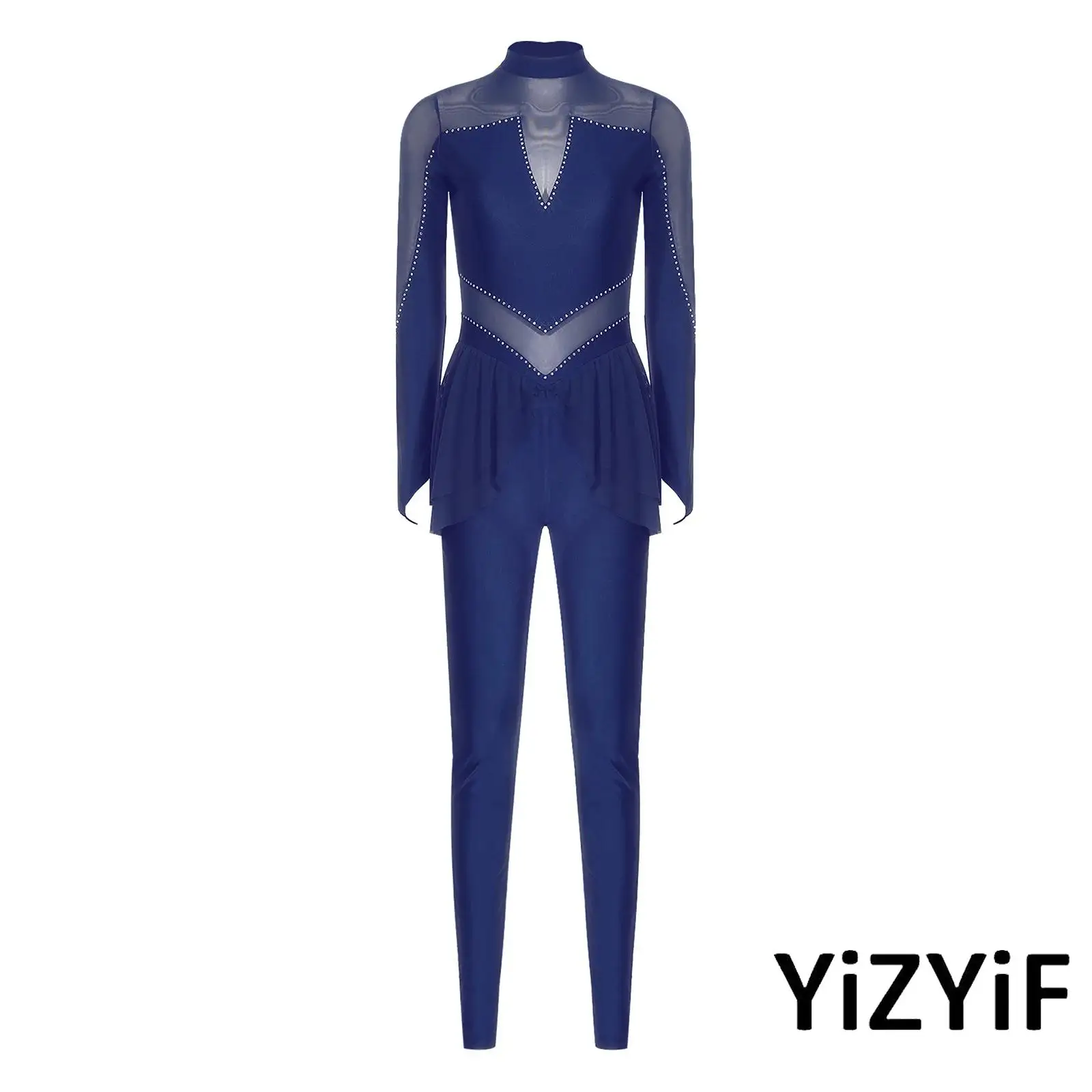 

Womens Figure Skating Dance Outfit Gymnastics Sports Jumpsuit Sheer Mesh Patchwork Shiny Rhinestone Leggings Unitard Bodysuit