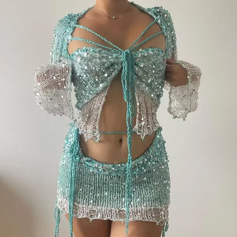 Glitter Sequined 2 Piece Sets Women Outfit Festival Clothing Knitted Flare Sleeve Crop Top and Mini Skirt Matching Sets Birthday