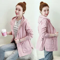 short coat woman 2018 spring and autumn dress new Korean version of waist display thin college wind hooded small man windbreake