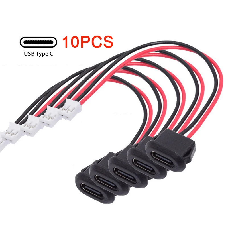 10pcs Type-C Female Chassis Waterproof 2P Solder Wire Type USB C Pigtail Cable Extension Power Cable USB-C Plug to 2 Pin Bare