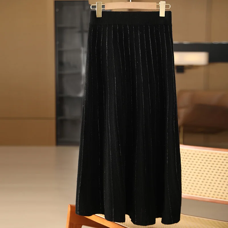 Women's 100% Pure Wool Long Knit Base Skirt Fashion Autumn Winter New Solid With Fine Sparkle Design Sense Pleated A-Line Skirt