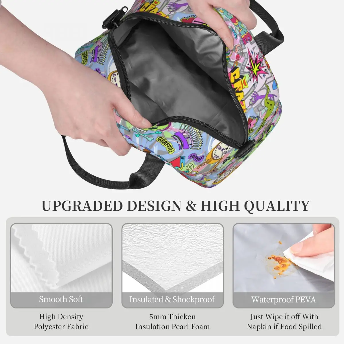 Abstract 80s Alien Hip Hop Style Insulated Lunch Bag With Adjustable Shoulder Strap Storage Food Box Cooler Thermal Lunch Boxes