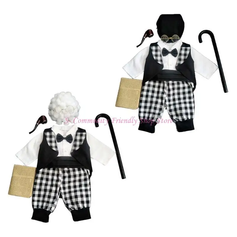 85AE Cosplay Grandpa Hat Clothes Costume Infant Baby Boys Photo Outfits