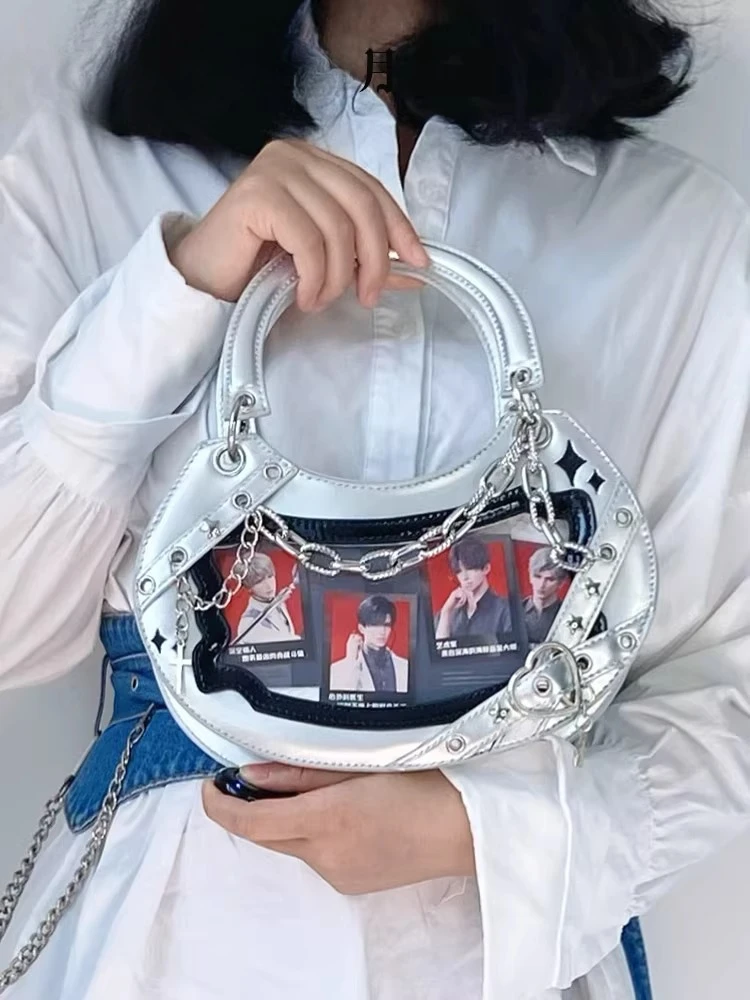 2025 New Original Crescent-shaped Subculture Y2K Spice Girl Small Food Pain Bag PU Material Black and Purple Oblique Span Bag