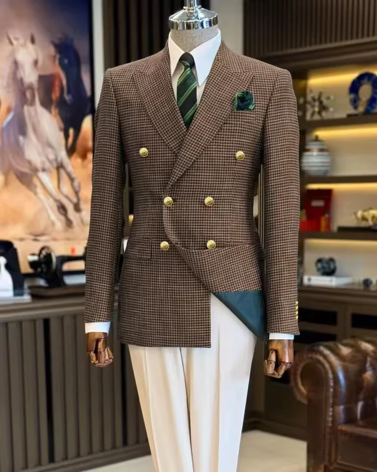 

Black Men's Suit Jacket Houndstooth Peak Lapel Double Breasted Business Regular Fit Blazer Man plus size custom suit Coat