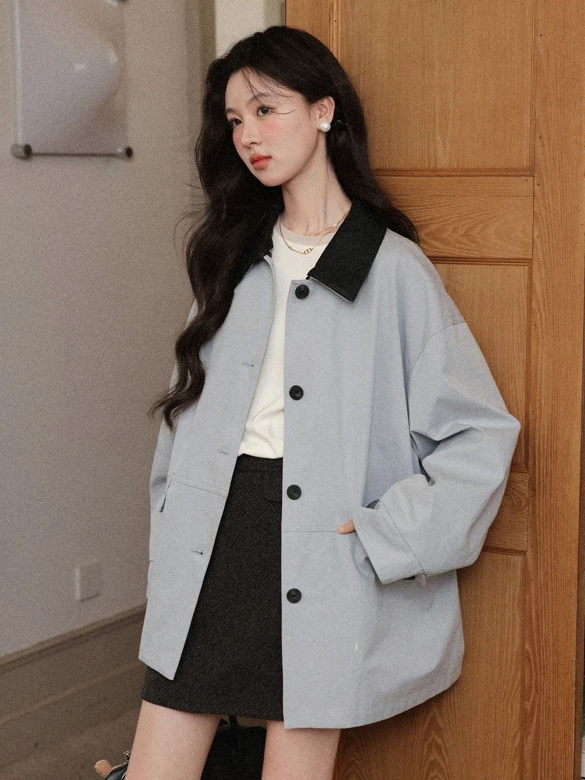 

Женская ветровка South Deer средней длины, синяя, повседневная, осенняя, свободного кроя, с длинными рукавами, на одной пуговице