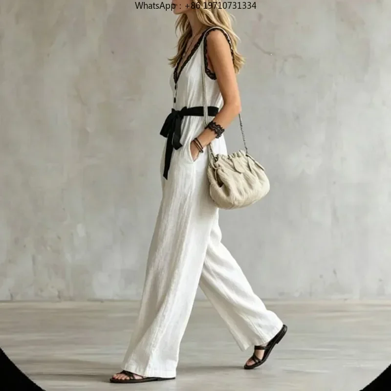 Women Lace Trim Jumpsuit V Neck Sleeveless Belt Wide Leg Button Loose Summer Beach Holiday Outfit