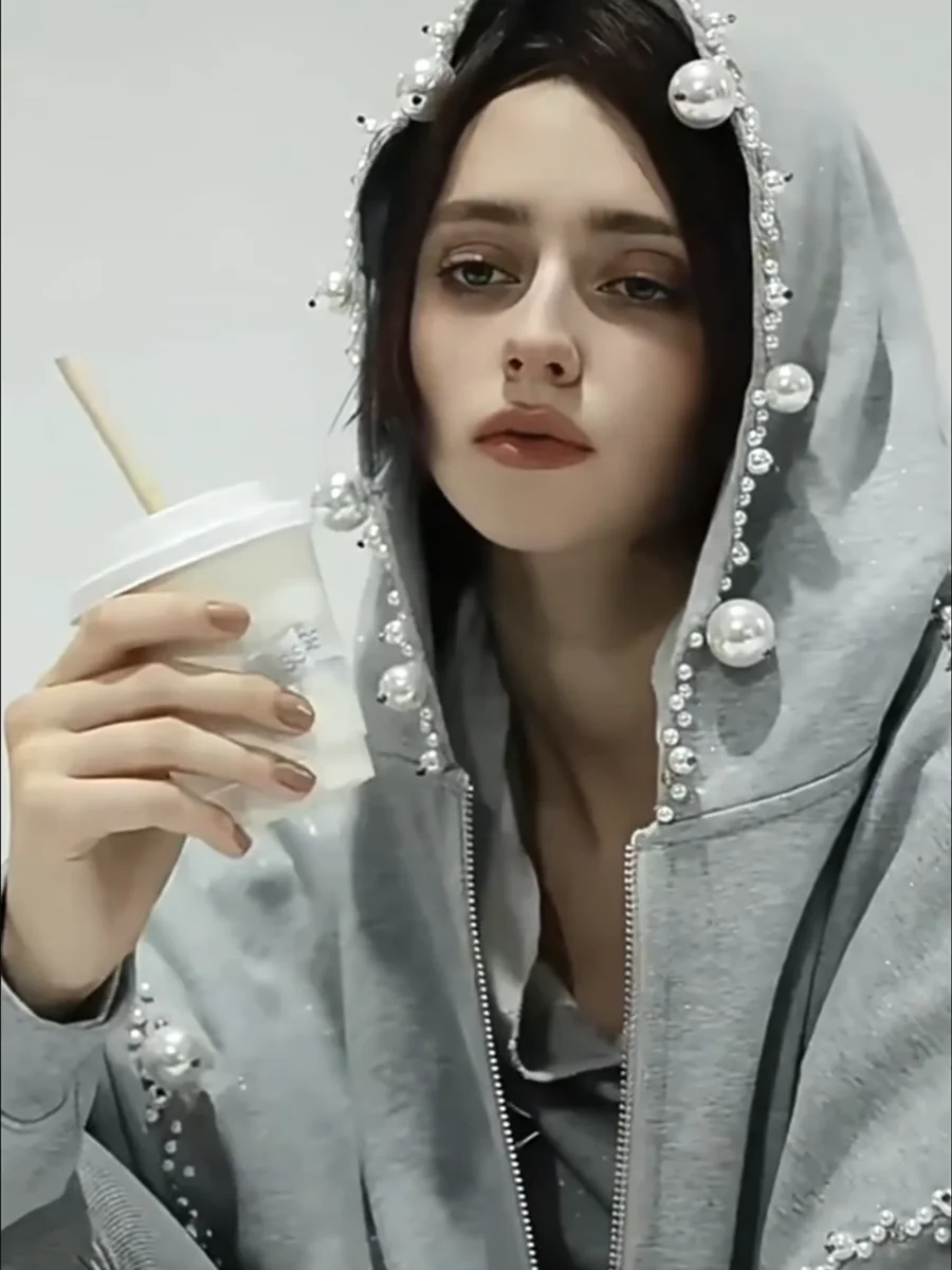 

Серый комплект с жемчужной отделкой, ручной вышивкой, свободная толстовка с длинными рукавами и брюки, женский повседневный спортивный костюм из двух предметов, осенняя новинка