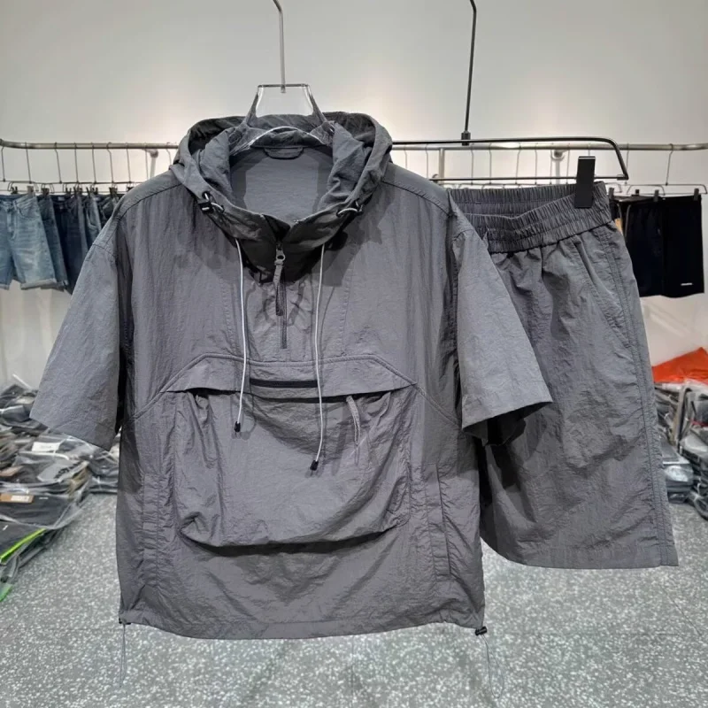 

8XL Plus Size Men's Ice Silk 2 Piece Set Summer Quick Dry Breathable Loose Hooded Cargo Short Sleeve & Shorts set