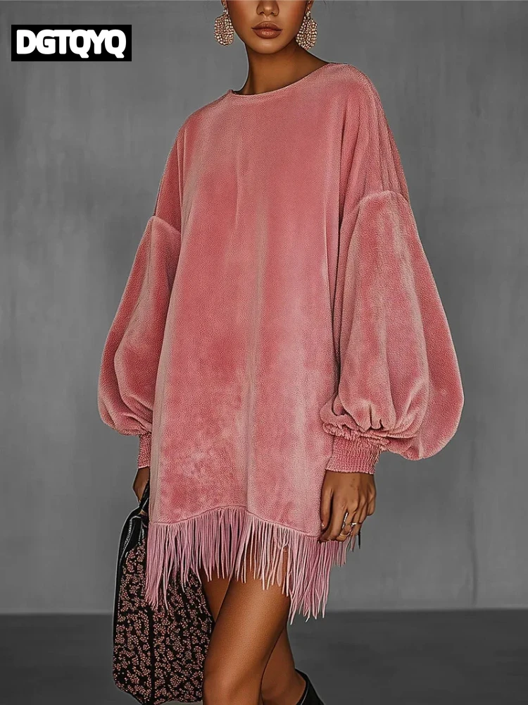 2026 Fashion Retro Tassel Mini Dress O-Neck Long Sleeve Lantern Sleeve Fringe Hem Dress Solid Color Loose Spring Party Dress
