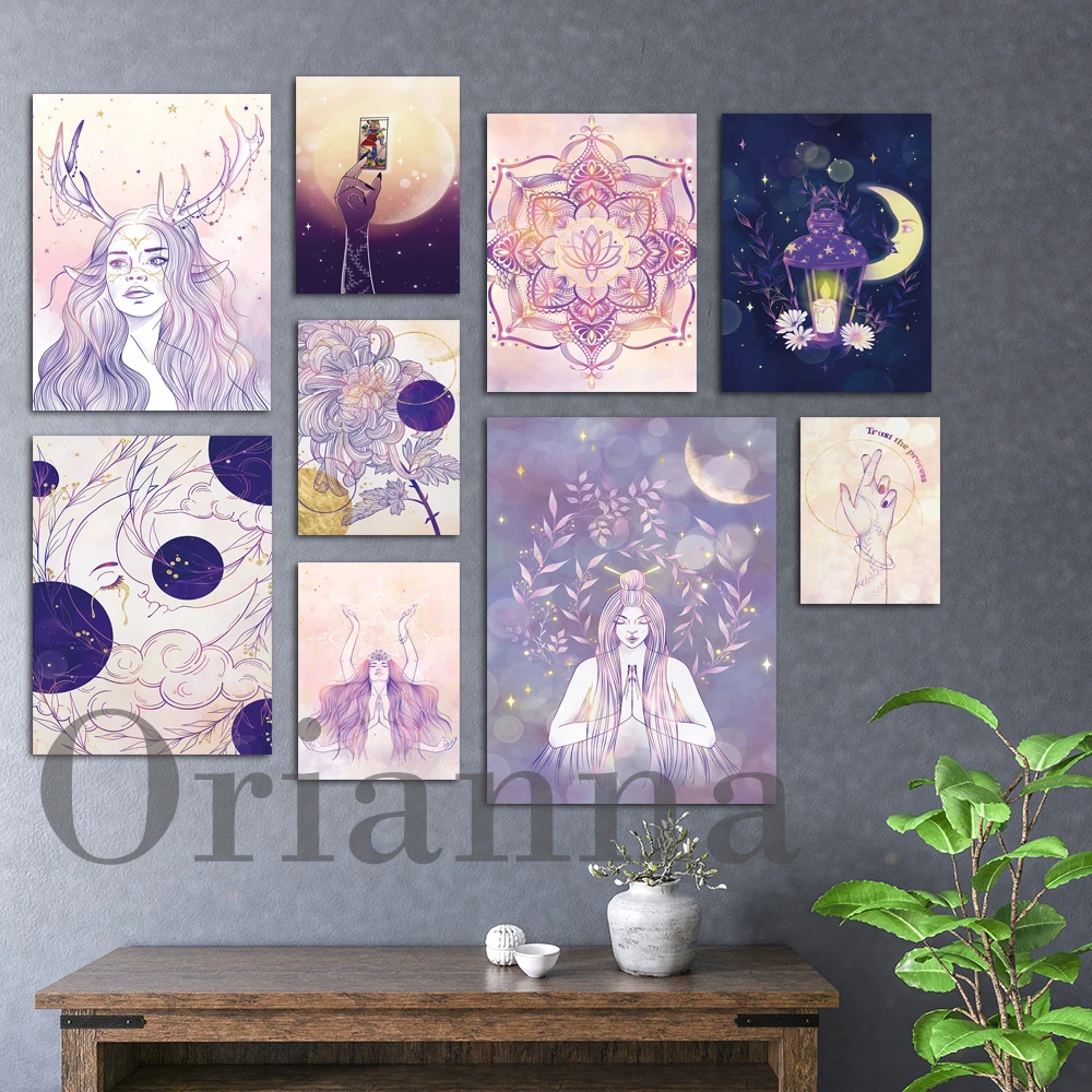 

Light Purple Golden Chrysanthemum Mandala Lantern Woman Hand Tarot Card Divination Pierrot Lunar Goddess Wall Art Print Poster