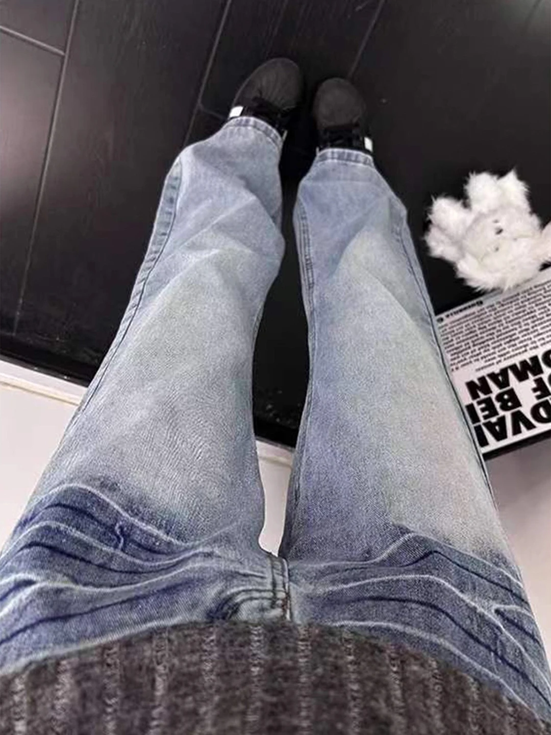 

Blue Washed Flared Jeans Men's Casual Fleece Lined Straight Leg Denim Pants Autumn Winter American High Street Style