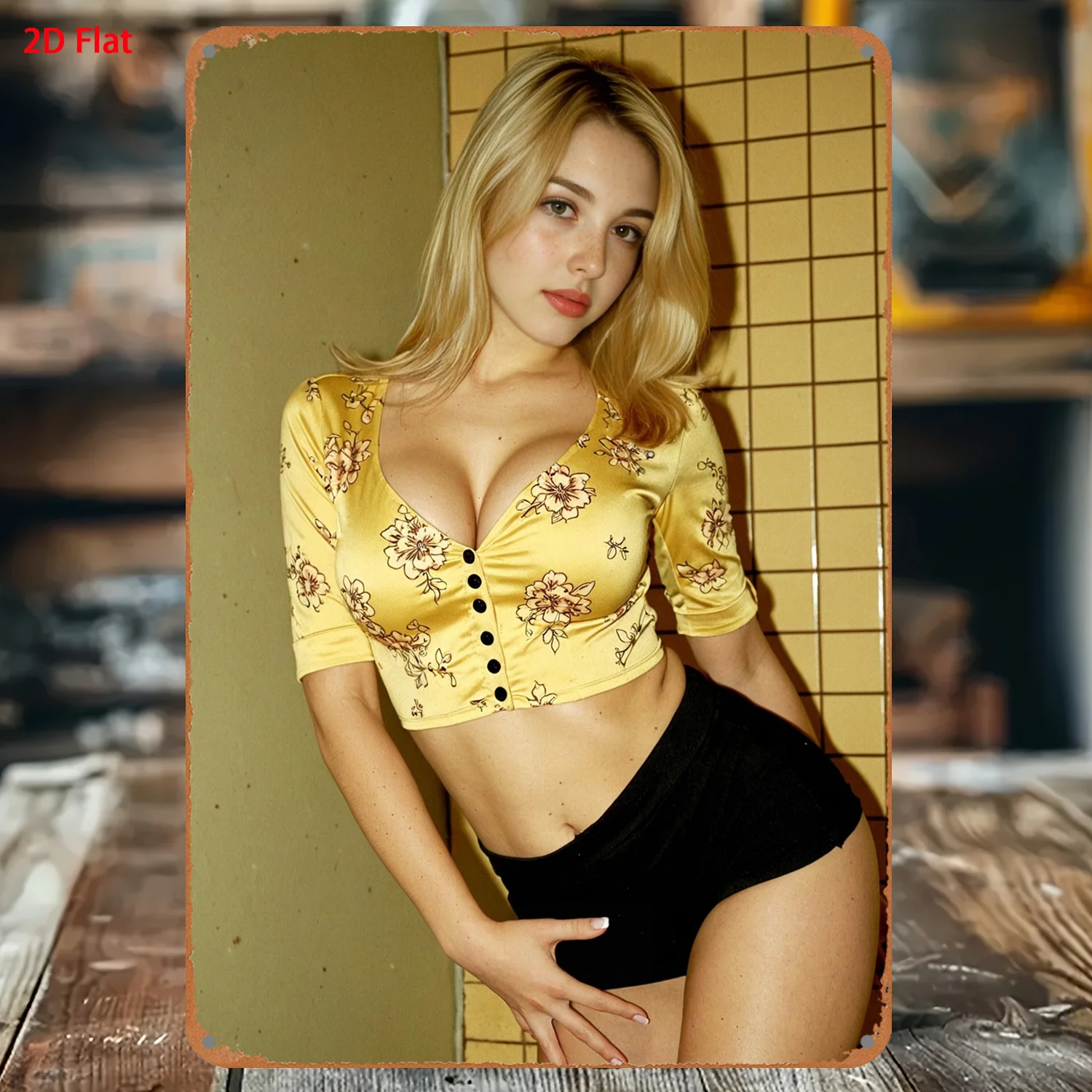 Cream Yellow Floral Top Sweet Retro Blonde Mixed Race Woman Aluminum Metal Wall Decor 2D Plaque for Home Garage Garden Bar Gi