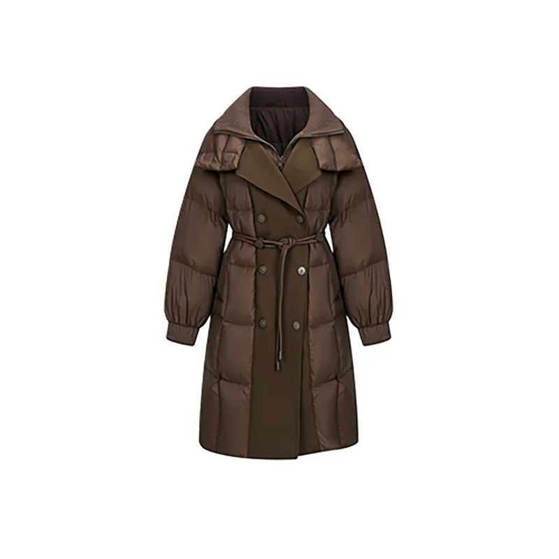معطف نسائي شتوي جديد لعام 2025 طويل للأسفل معطف عالي الخصر برباط وطية صدر كبيرة بطول الركبة