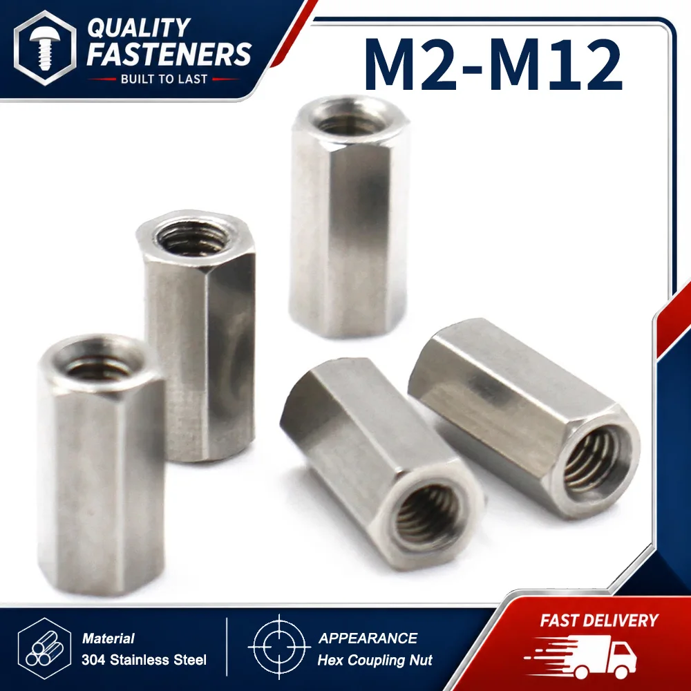 304 Stainless Steel Hex Coupling Nut Hex Connector Nut Long Extension Nut Female Female Threaded M2 M2.5 M3 M4 M5 M6 M8 M10 M12