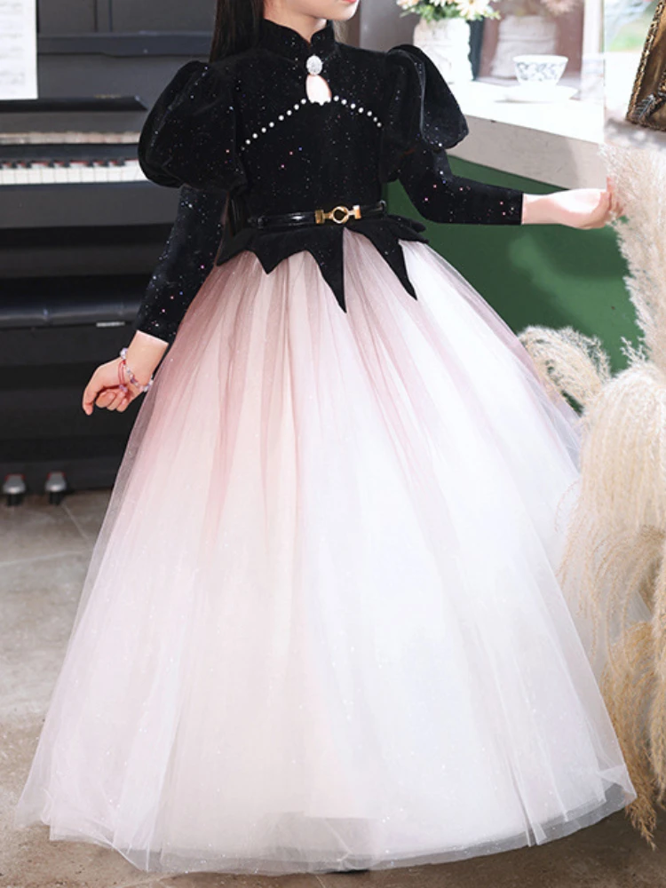 Customized High End Temperament Stand Collar Puff Sleeve Princess Dress Luxury Shinny Beading Design Flower Girl Gown Spliced Lo