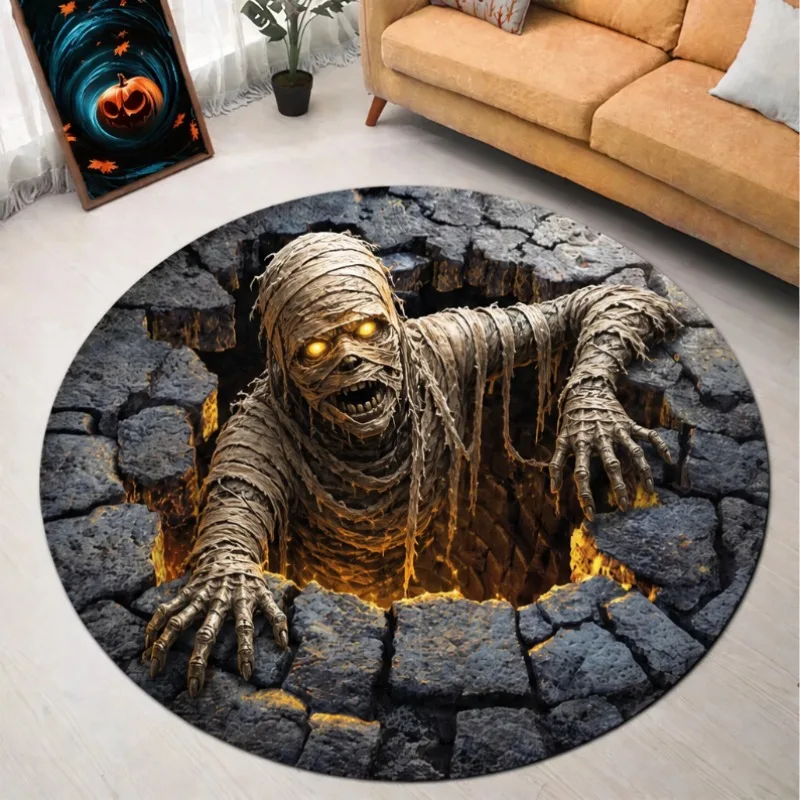 2D Zombie Crack Ground Horror Print Gothic Style Round Rug for Living Room Bedroom Party Home Interior Decor Halloween Holiday
