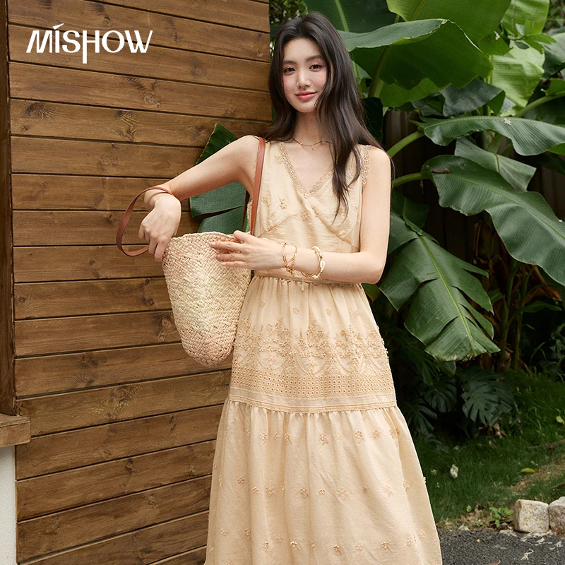 

MISHOW French Sleeveless Dress For Women New Summer 2026 Flower Embroidery Patchwork Lace Office Elegant A-line Dress MXF27L2755