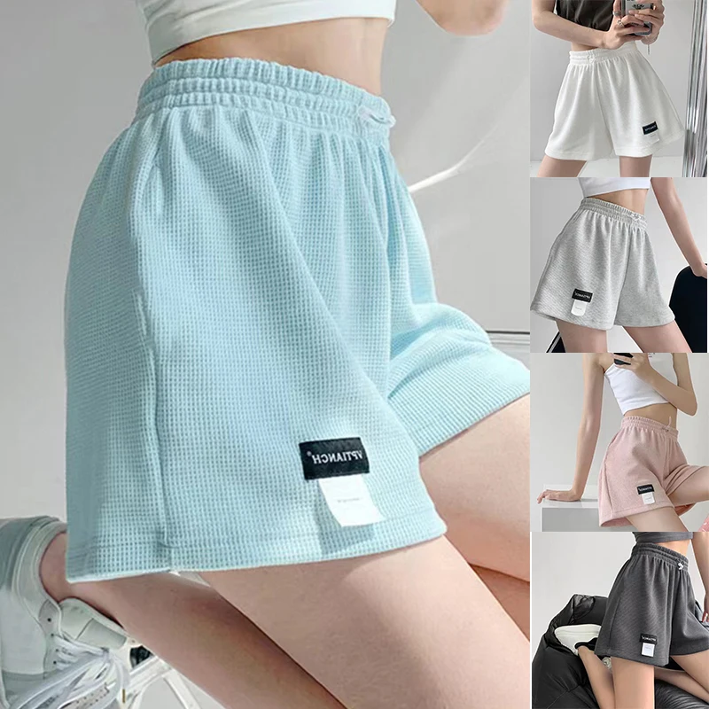 Shorts pretos de cintura alta feminina, elásticos estéticos casuais, calças quentes, calças largas, waffle de verão, 2023