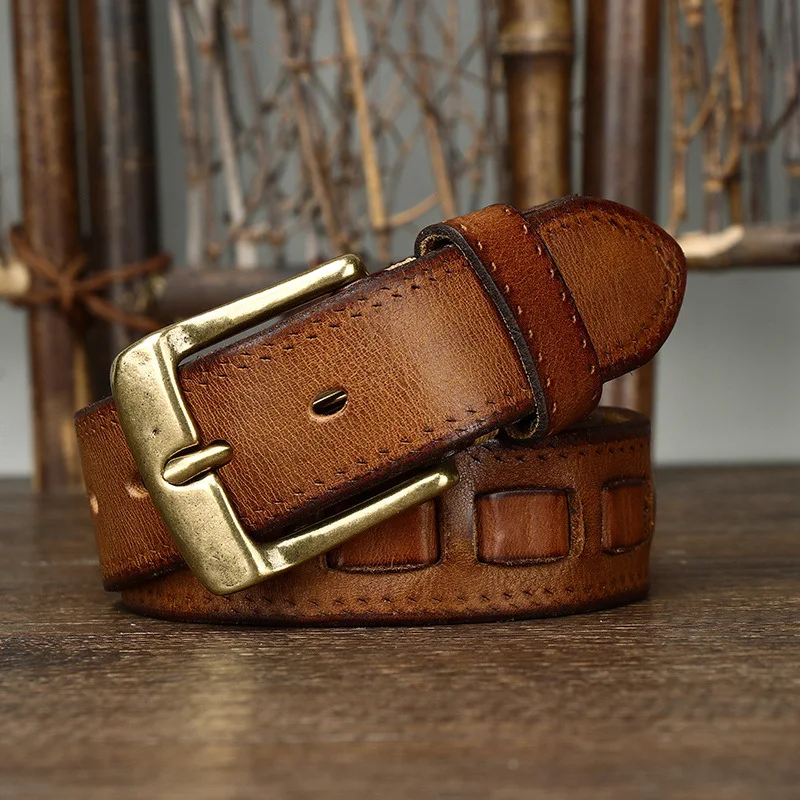 Men's retro fashion trend all-match pure cowhide copper buckle genuine leather belt casual braided belt