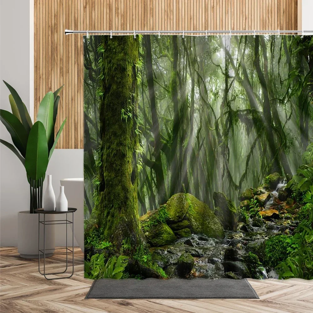 3D Tropical Forest Natural Scenery Waterproof Shower Curtain Green Trees Moss Deep Forest Bathroom Partition Screen Bath Curtain