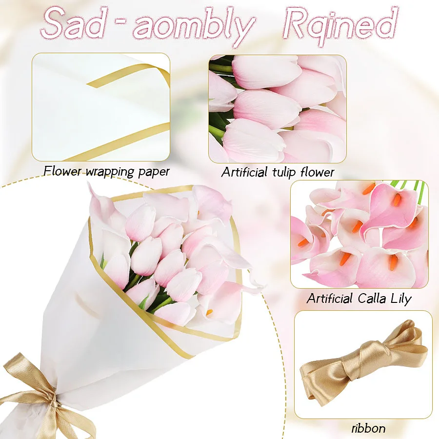 1set DIY Bouquet Making Artificial Tulip Calla Lily Flower Paper Gold Edge Wrapping Ribbon Festival Handmade Gift Flower