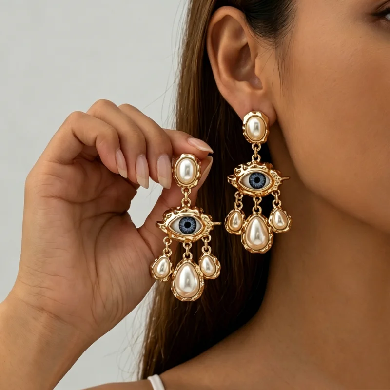 Gothic Bohemian Evil Eye Imitation Pearl Tassel Drop Earrings Ornate Frame Dangle Earrings Women's Cocktail Party & Daily