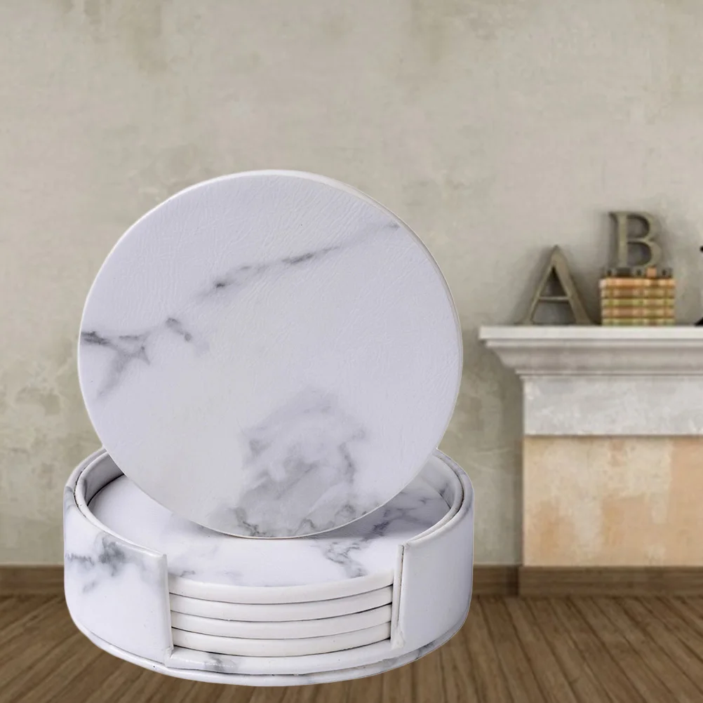 

7 pcs Marble Pattern Pu Coasters Set Insulated Cup Mats With Holder For Home Kitchen Car Gift Use (6 Coasters 1 Stand)