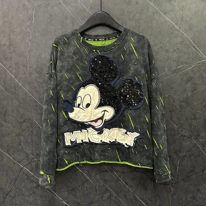 2025 Autumn Heavy Industry New Style Y2k Hoodies Ripped Cartoon Patch Embroidery Crew Neck Sweatshirt For Women Loose Casual Top