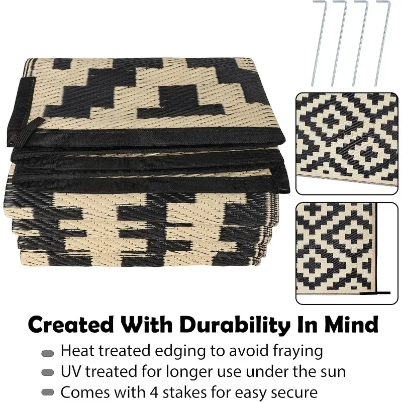 Reversible Mats, Modern Area Rug, Large Floor Mat and Rug for Outdoors,  Patio, Backyard, Deck,Beach,Camping, Black & Beige